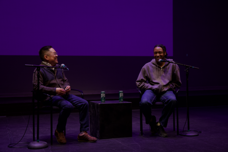 School of Film, Television and Media Arts Associate Professor Ed Lee and Josh Johnson enjoy their conversation about the comedy business. (Photo by Luis Gerardo Del Razo Tamayo, MA ’26 )