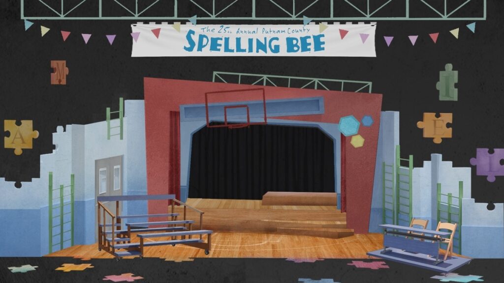 Set rendering for The 25th Annual Putnam County Spelling Bee|||||||Photo of Echo Lu wearing commencement regalia||||||||||||||||||