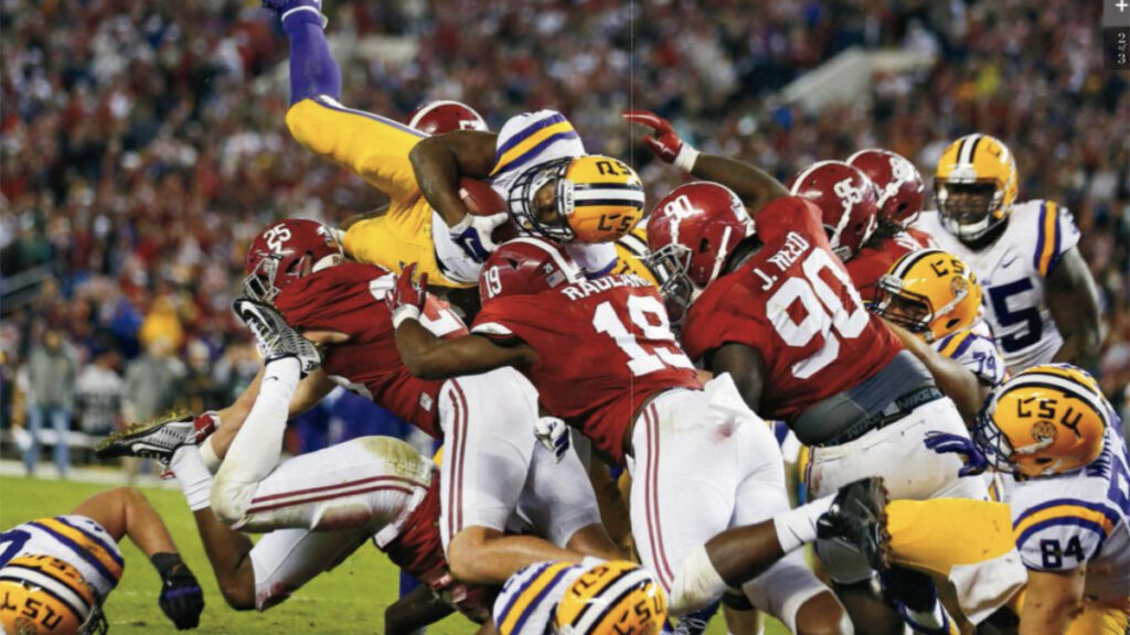 LSU football player tries to jump over pile of Alabama players||||Sports Illustrated cover of info box of four baseball players heads