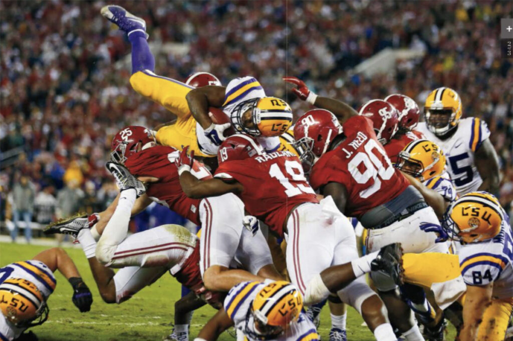 LSU football player tries to jump over pile of Alabama players||||Sports Illustrated cover of info box of four baseball players heads
