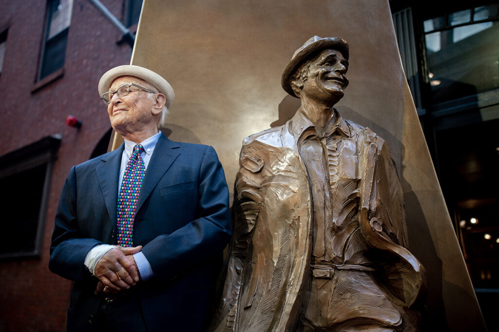 Norman Lear poses with statue of himself||Norman Lear sits on set of All in the Family|||||Norman and wife