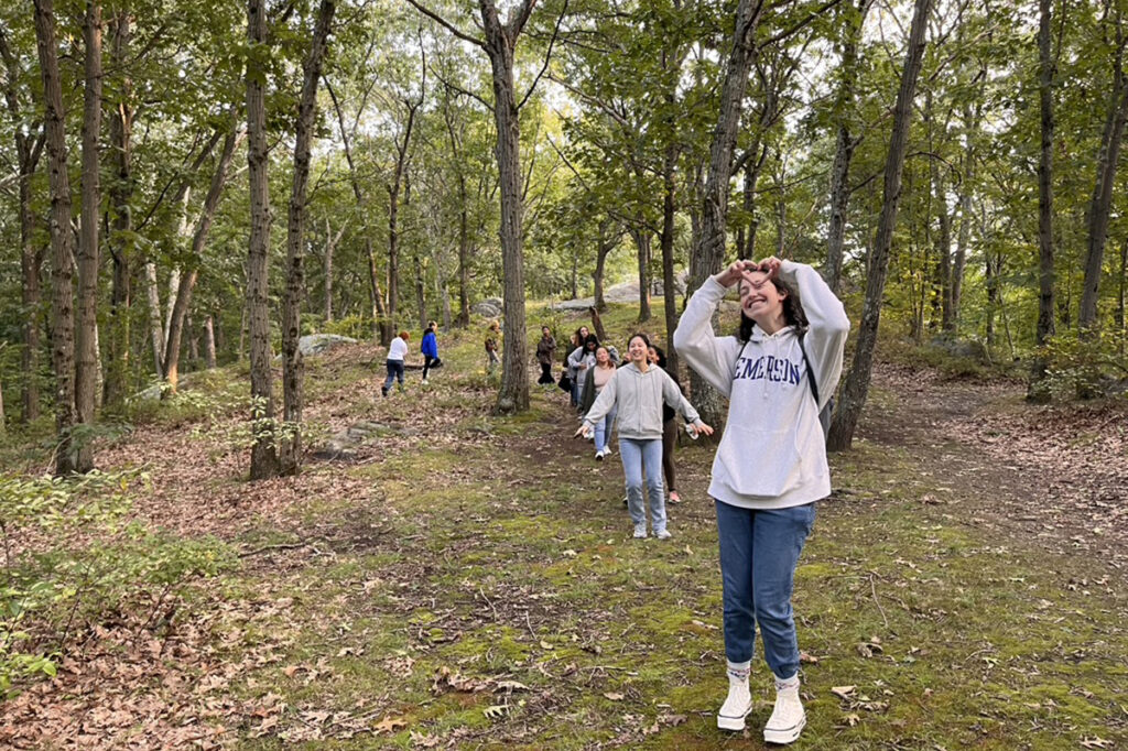 students walk in woods