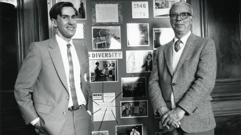 Right to left: Charles W. Dudley, founder of WERS and chair of the Broadcasting department; and Bob Fleming, Emerson College archivist, on May 9, 1987, at an alumni brunch. Dudley received an honorary degrees in 1955.