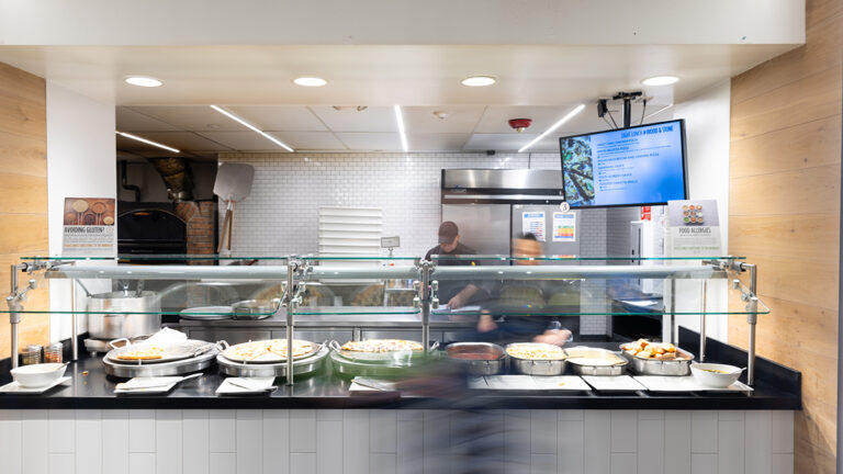 A station at the Emerson Dining Center, showing an array of food