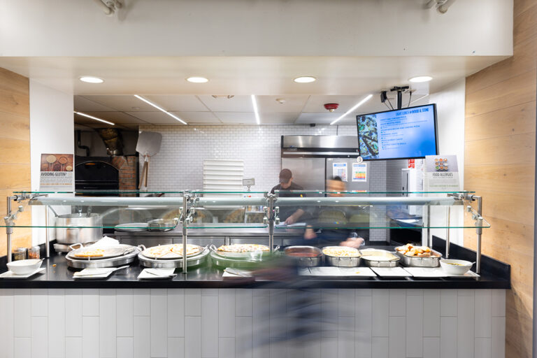 A station at the Emerson Dining Center, showing an array of food