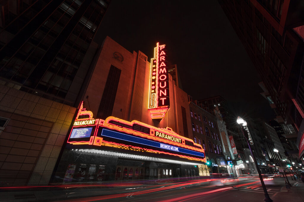 Paramount marquee illuminated