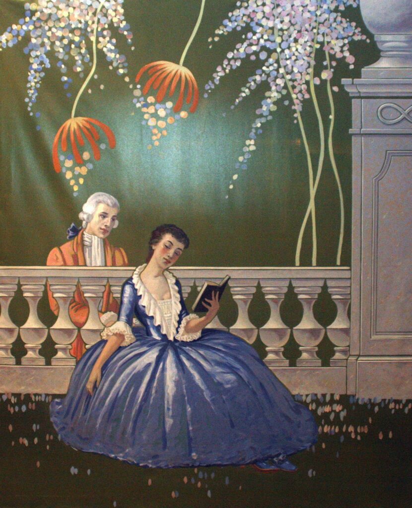 Art of a woman in a blue dress sitting in front of a white fence with a man sitting behind her