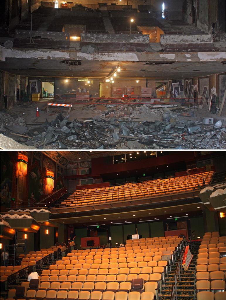 Before and after photos comparing what the Paramount Center looks like now compared to when it was torn down to remodel