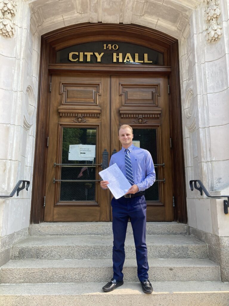 Trey Fucillo stands outside Marlborough City Hall