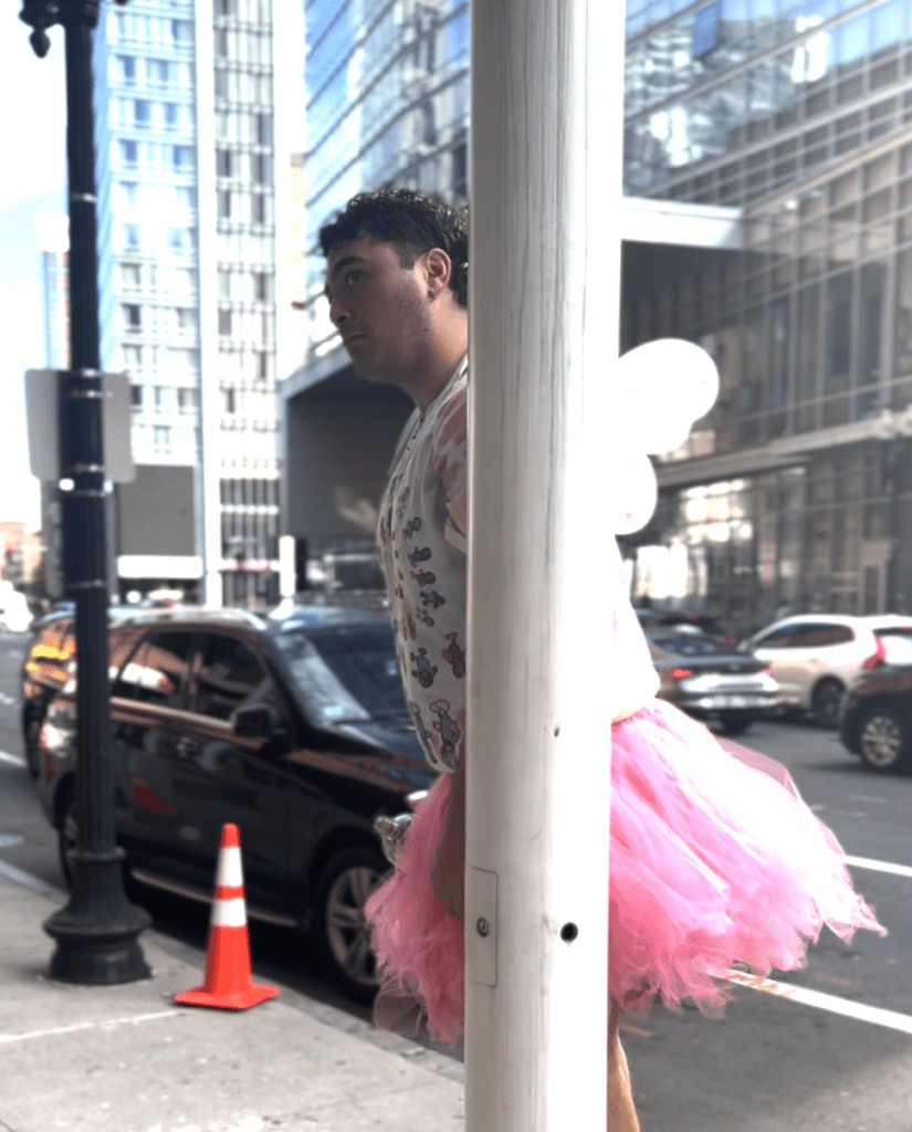 A person dressed up as the Dirty Fairy character created by students in the class for a campaign