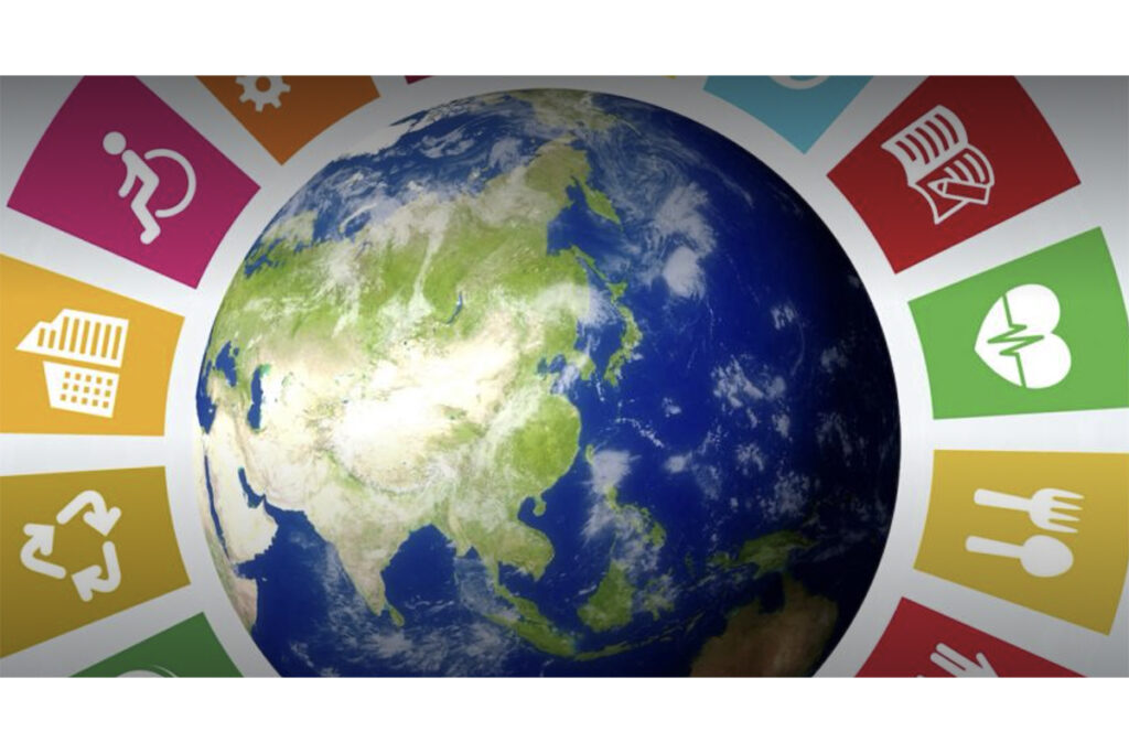 graphic of the earth with symbols around it