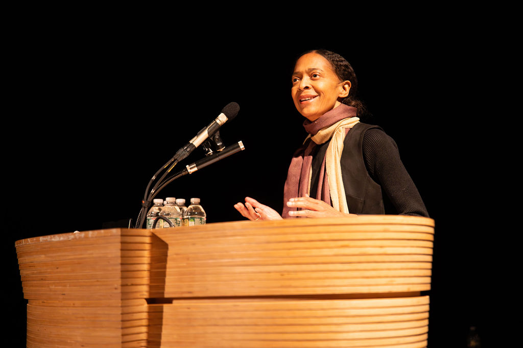 Danielle Legros Georges speaks while at a podium