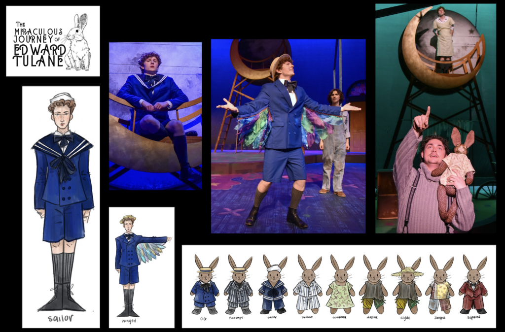 A page from Anna Ten Eyck's portfolio with drawings of toy bunnies and sailors with wings and the real life costumes