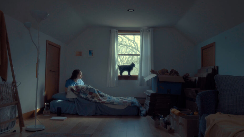 A woman sits in a bed looking out a window with a cat on the windowsill.