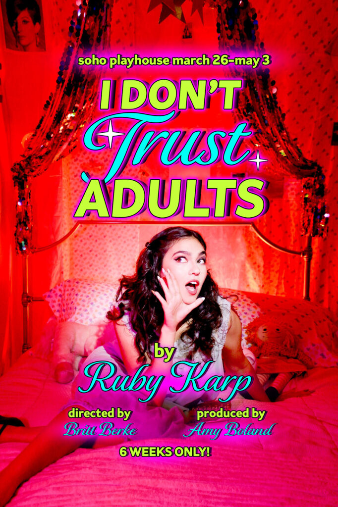 Poster for 'I Don't Trust Adults' has Ruby Karp sitting on a bed putting her hand to her mouth like a megaphone