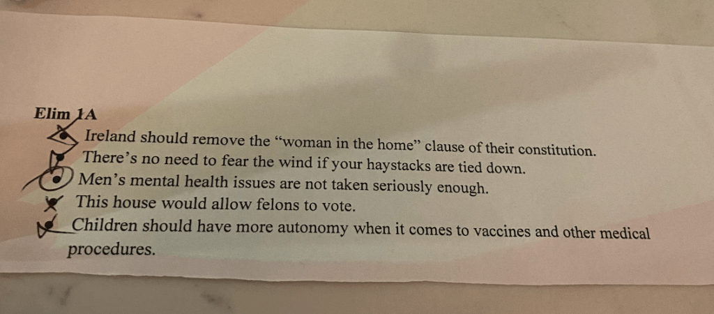 Printed list of debate topics