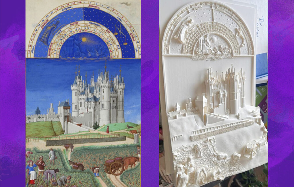 page from medieval manuscript on left, 3-D-printed bas relief of same page on right