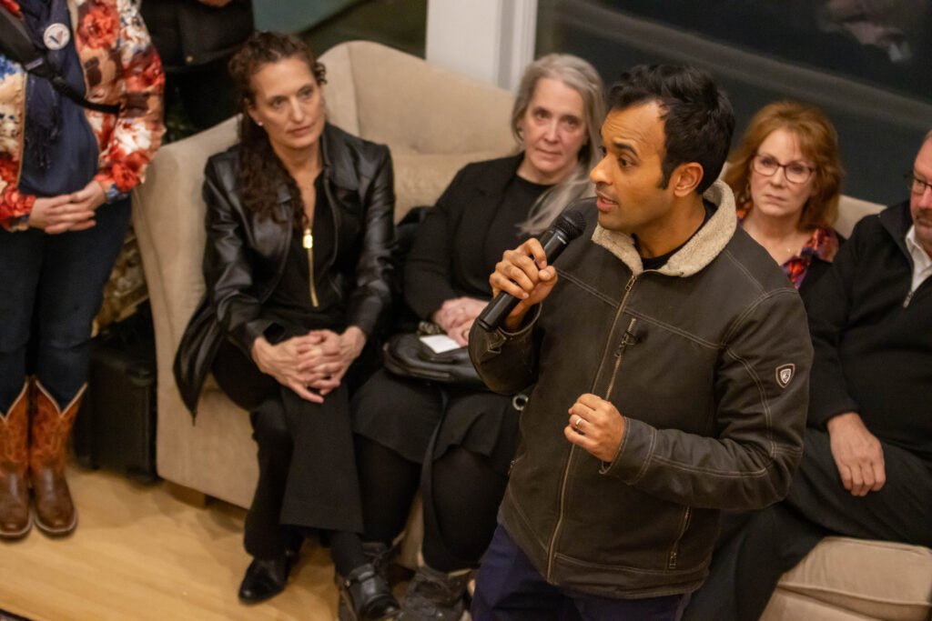 Vivek Ramaswamy speaks at a house party in Iowa