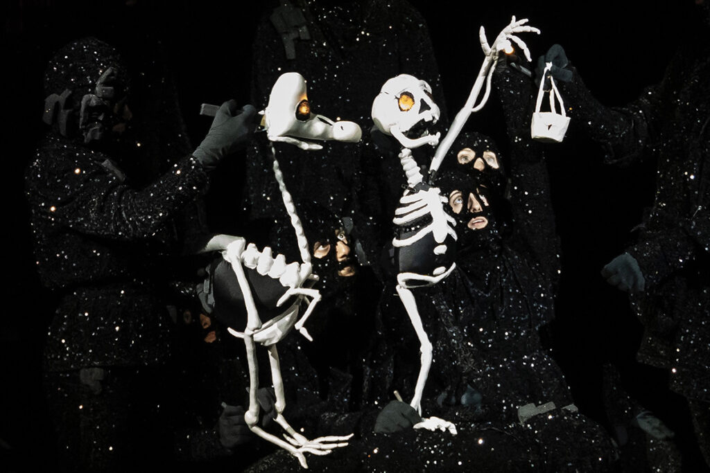 puppets of a skeleton dodo and skeleton boy