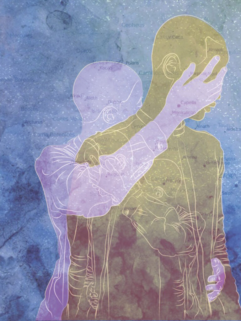 graphic of man holding other man from behind, covering his eyes