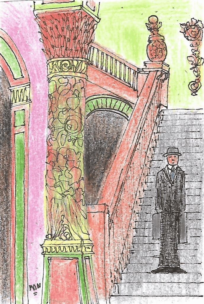 drawing of a man on a staircase