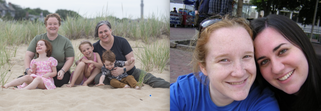 Two photos side by side of Katie and Emily, and one of the photos includes their three kids