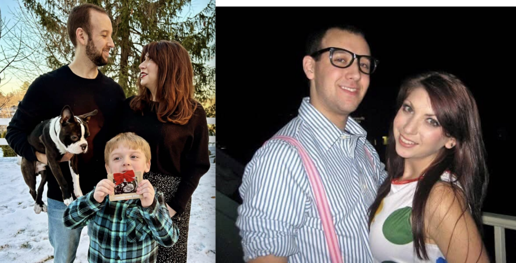 Two photos side by side of Aaron and Jodie from their college years and modern era (with their son and dog in the modern era photo)