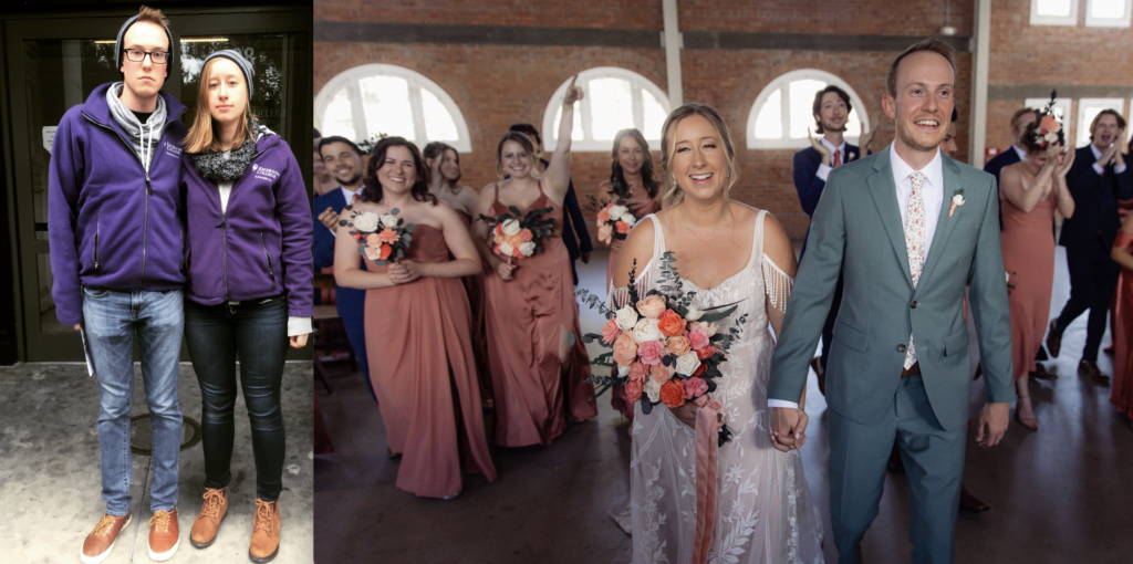 Two photos side-by-side of Kenzie Woodrow and Dallis Seeker -- one from their college days and one from their wedding
