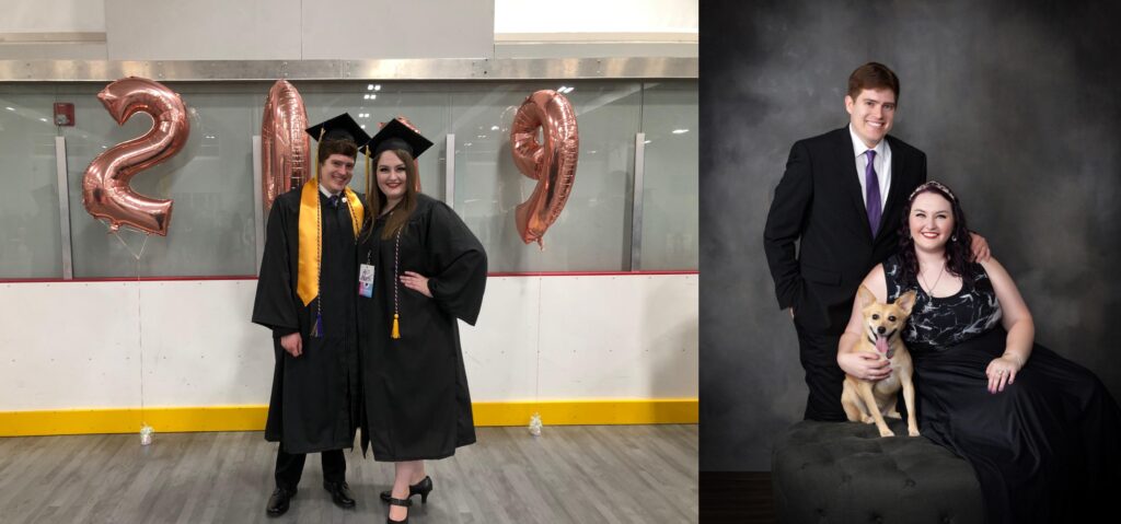 Two photos side by side of Jillian and Lincoln at graduation in 2019 and now with their dog Ruthie