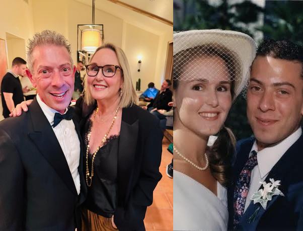 Side-by-side photos of Erik Press and Kirsten Hanson-Press from their wedding day and modern times