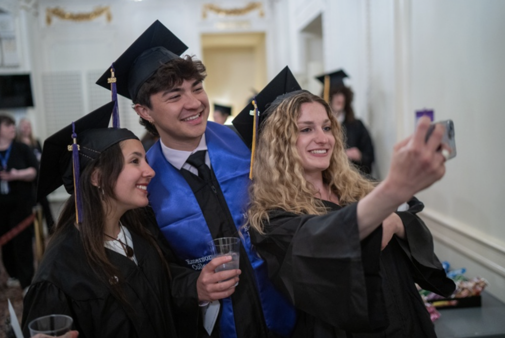 Three people take a selfie